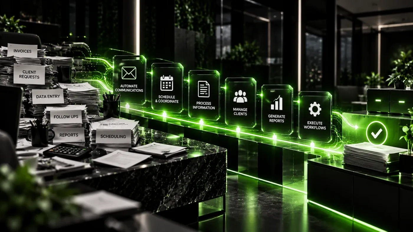 Illustration of stacked paperwork becoming an automated sequence of communications, scheduling, processing and reporting steps.