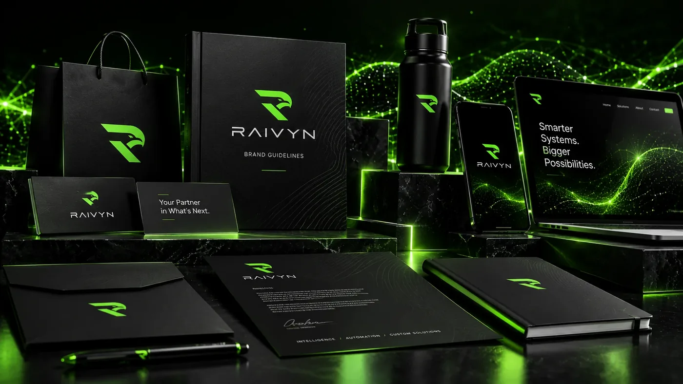 RAIVYN brand applied consistently across stationery, a brand guidelines book, packaging, a phone and a laptop.