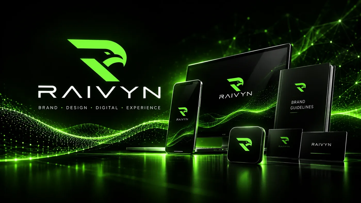 RAIVYN brand identity shown across a laptop, phone, brand guidelines book and business cards.