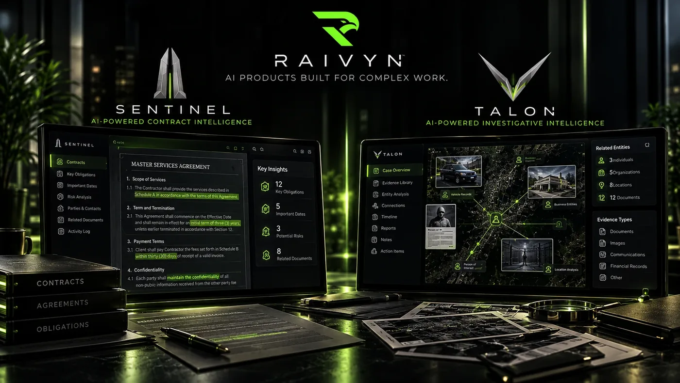 Concept illustration of RAIVYN Sentinel contract intelligence and Talon investigative intelligence in dark-themed product interfaces. Not product screenshots.