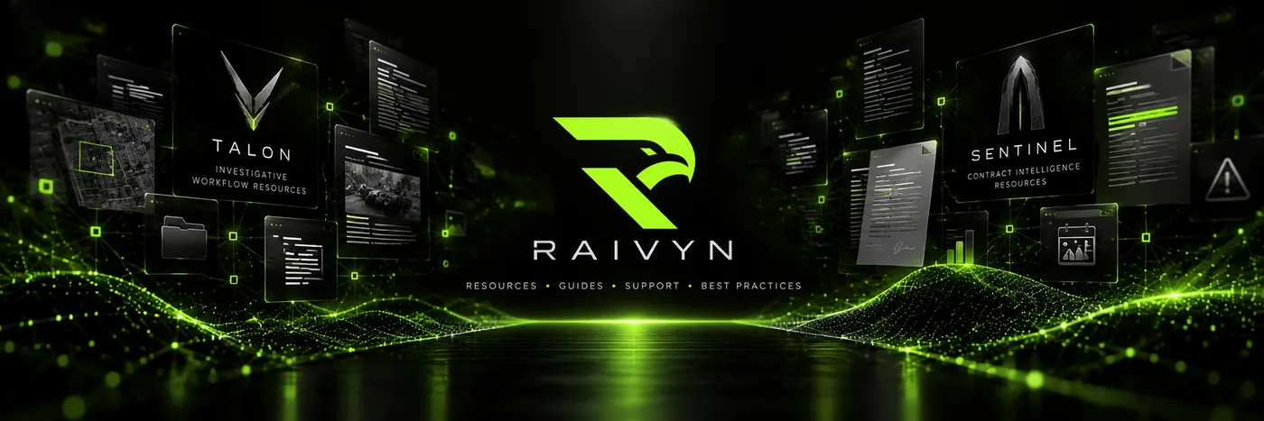 RAIVYN resources, guides, support and best practices, with Talon investigative and Sentinel contract intelligence references.
