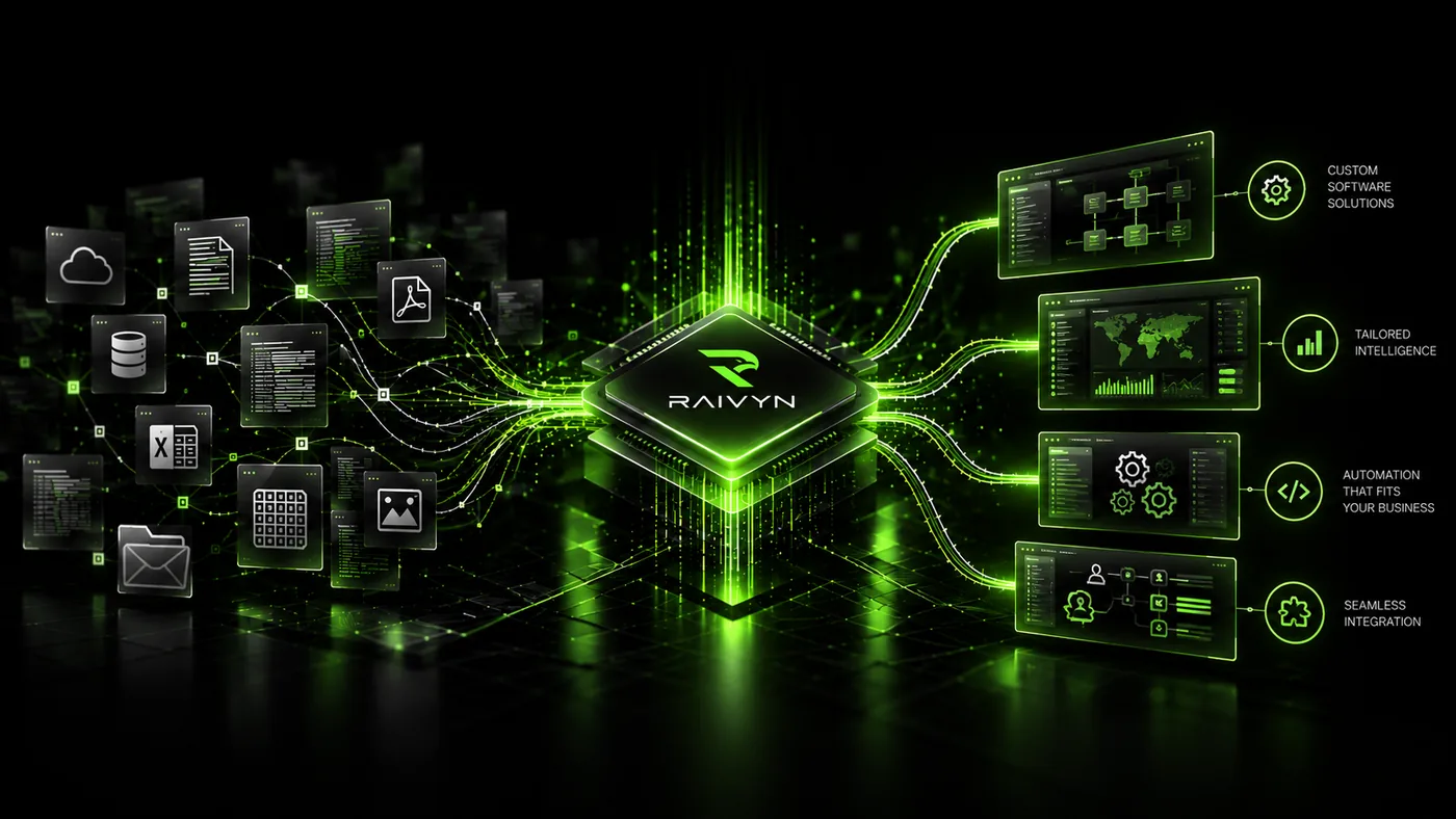 Illustration of business files flowing into a RAIVYN processor and out to custom software, tailored intelligence, automation and integration.