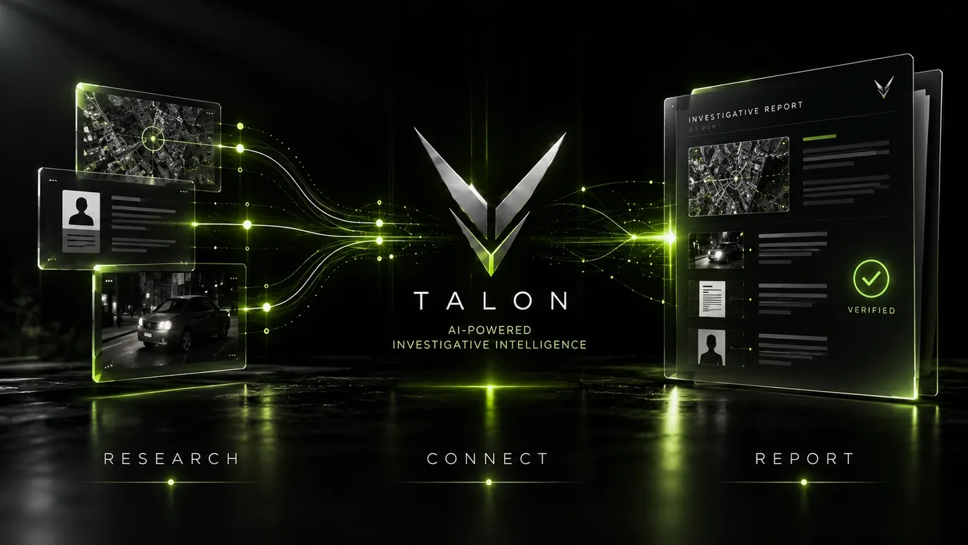 Illustration of Talon, RAIVYN’s investigative intelligence product, turning research and evidence inputs into an organized report.