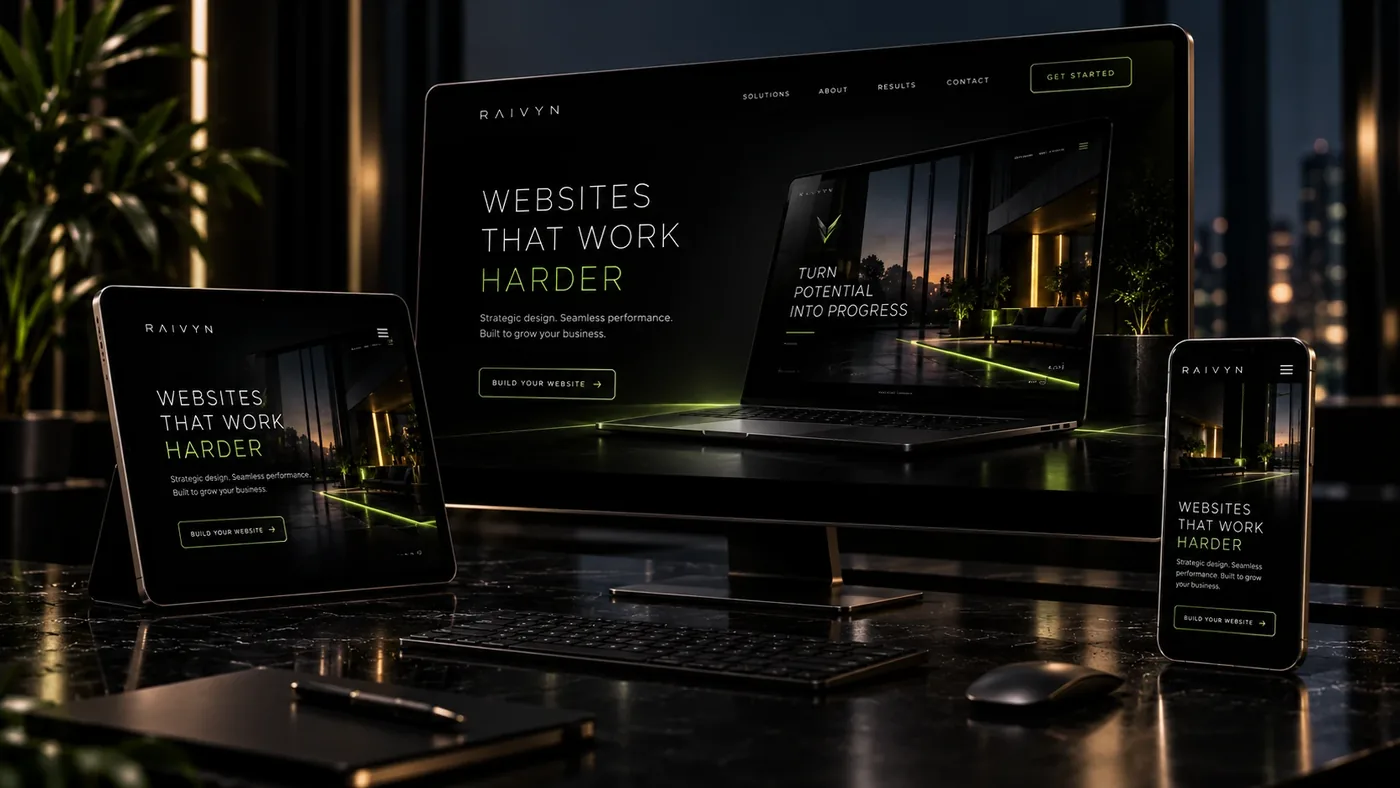 A responsive RAIVYN-built website shown on a desktop monitor, tablet and phone.